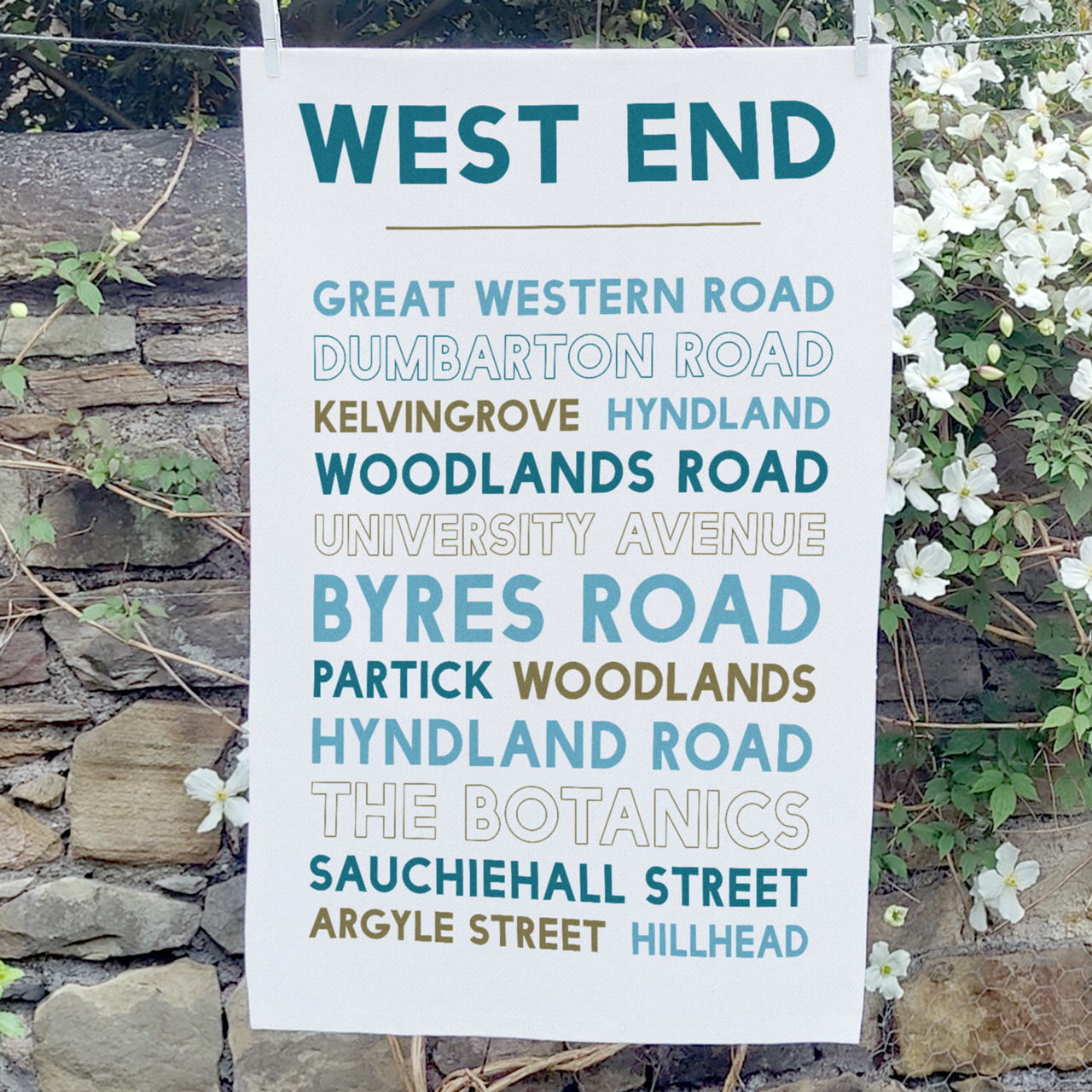 Glasgow West End tea towel on washing line