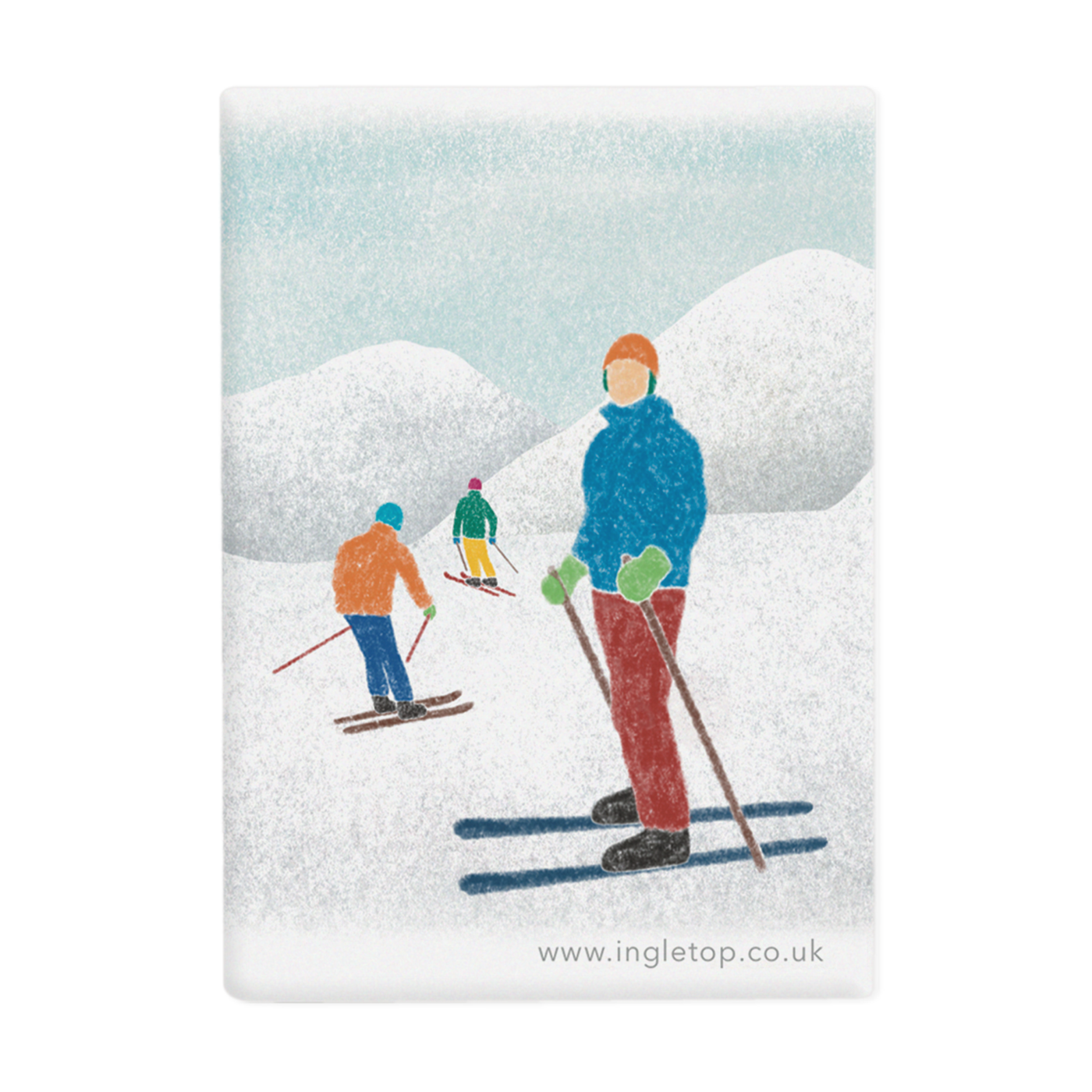 Rectangular ceramic fridge magnet, featuring an illustration of three skiers in a snowy mountain landscape, on a white background