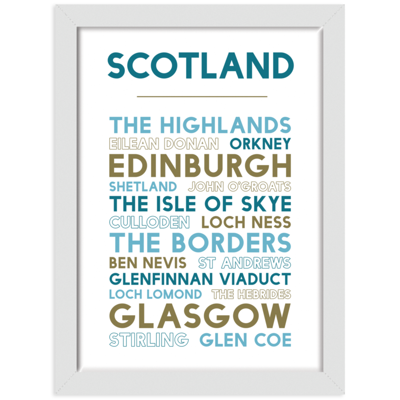 Scotland Attractions print in white frame