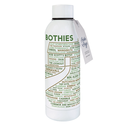 Bothies insulated drinks bottle on a white background - a white bottle printed with the names of Scottish bothies in green and brown text