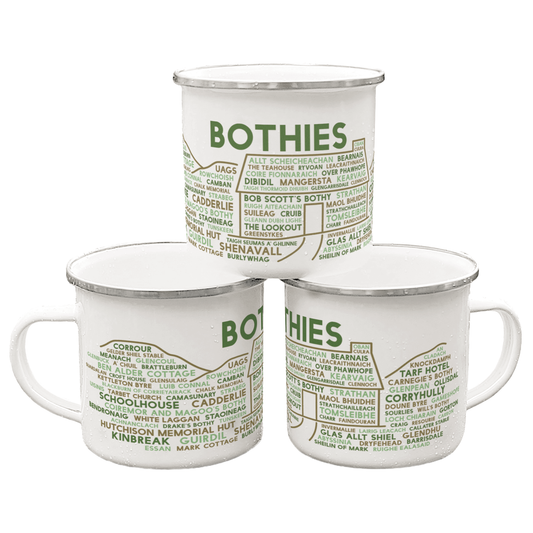 Three stacked white enamel mugs with silver rims, on a white background. Each mug features the word "bothies" in green, with the names of various Scottish bothies underneath it.