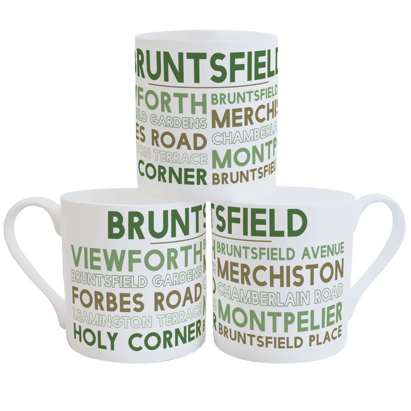 Stack of three Bruntsfield mugs on a white background