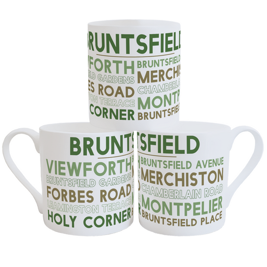 Stack of three Bruntsfield mugs on a white background