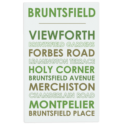Bruntsfield tea towel on white background