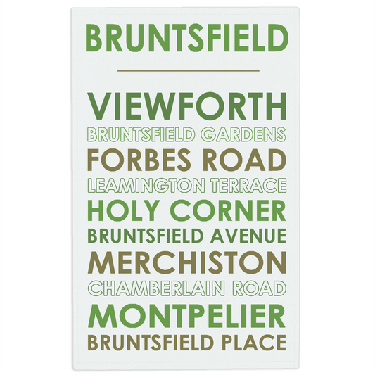 Bruntsfield tea towel on white background