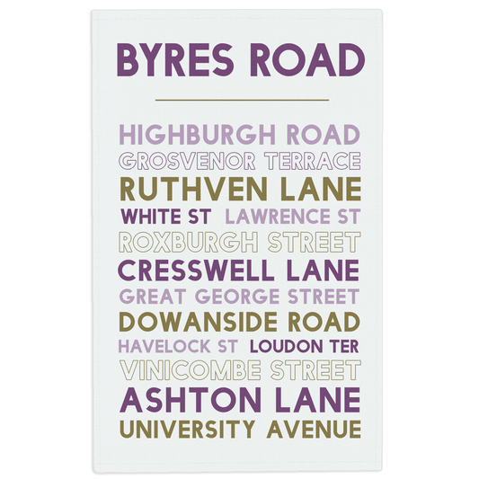 Byres Road tea towel on a white background