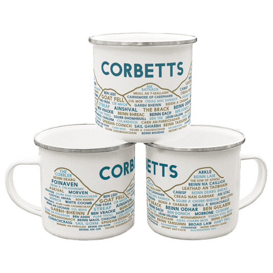 Three stacked white enamel mugs with silver rims, on a white background. Each mug features the word "Corbetts" in blue, with the names of various Corbetts underneath it.