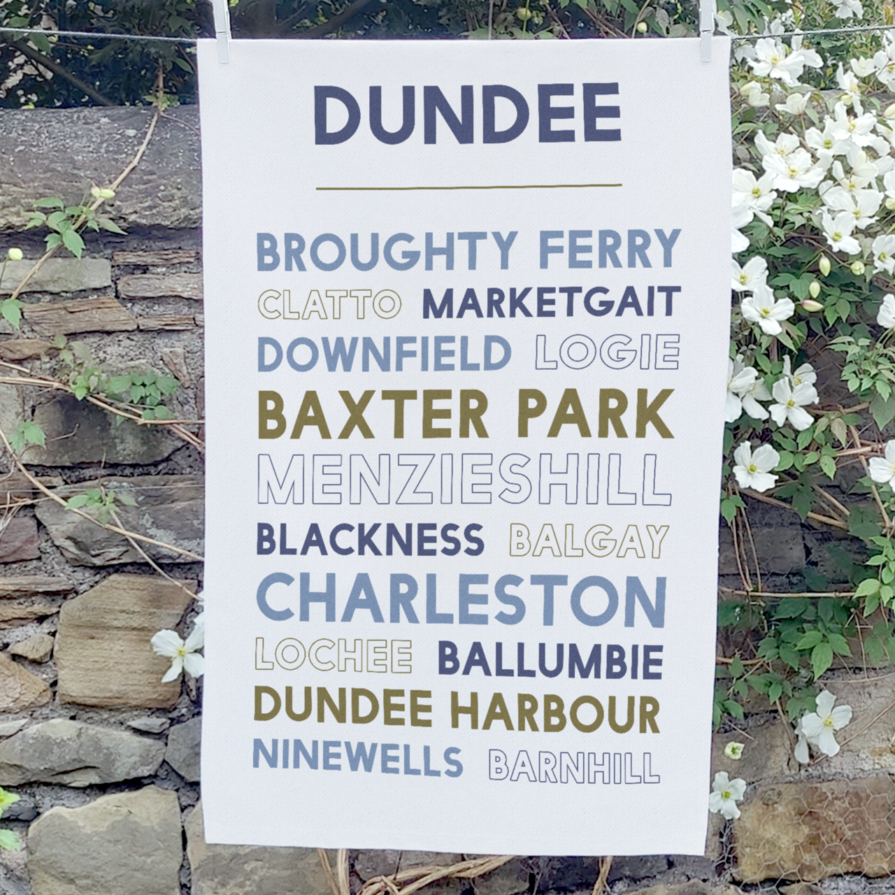 Dundee tea towel on washing line