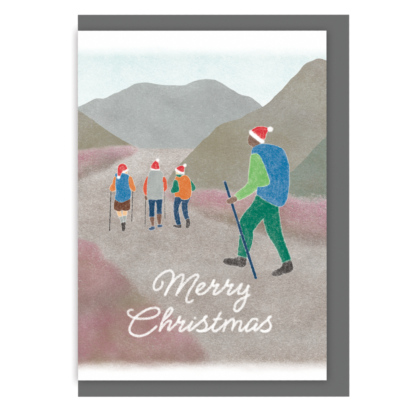 Christmas card with illustration of people wearing Santa hats hiking in the mountains and the text 'Merry Christmas', on a white background