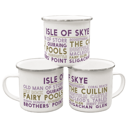 Three stacked white enamel mugs with silver rims, on a white background. Each mug features the words "Isle of Skye" in purple, with the names of various landmarks and attractions on Skye underneath