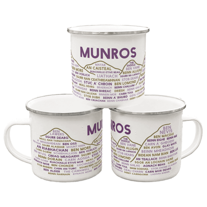 Three stacked white enamel mugs with silver rims, on a plain white background. Each mug features the word "Munros" in purple, with the names of various Munros underneath it.