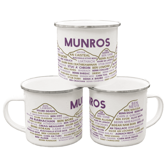 Three stacked white enamel mugs with silver rims, on a plain white background. Each mug features the word "Munros" in purple, with the names of various Munros underneath it.