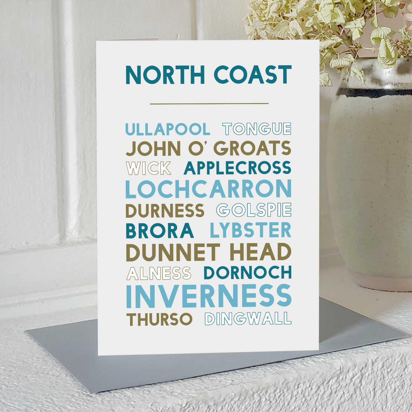 North Coast of Scotland greetings card standing upright on a mantelpiece