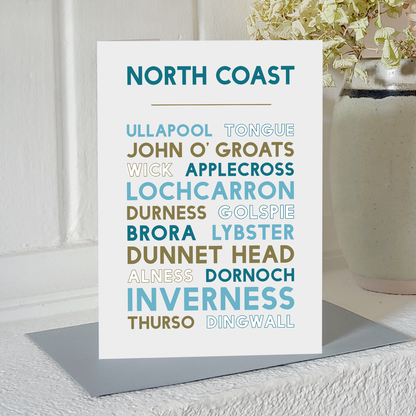 North Coast of Scotland greetings card standing upright on a mantelpiece