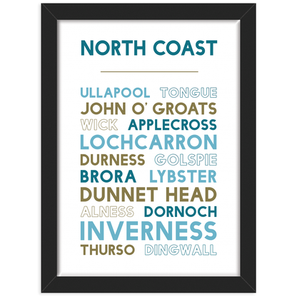 Print with names of places around the North Coast of Scotland in a black frame