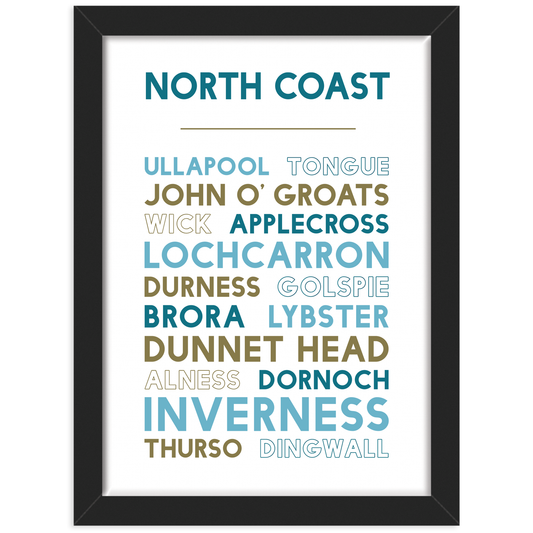 Print with names of places around the North Coast of Scotland in a black frame
