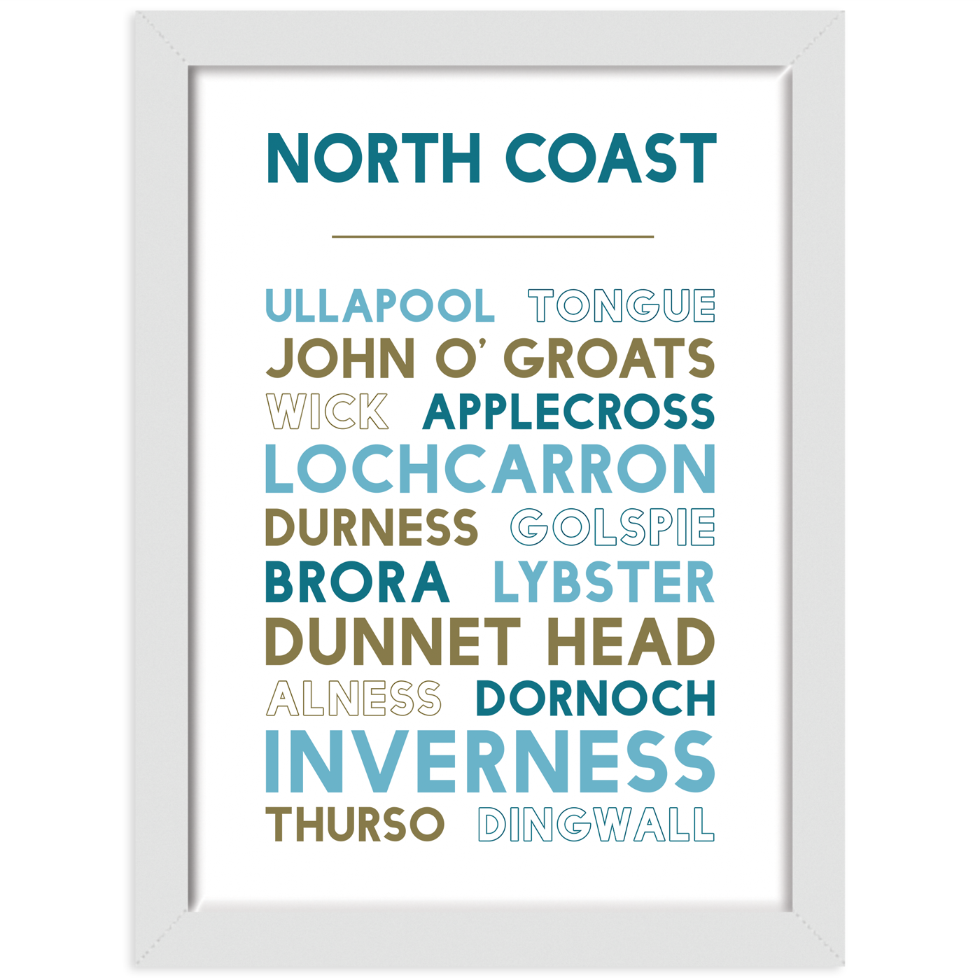 Print with names of places around the North Coast of Scotland in a white frame