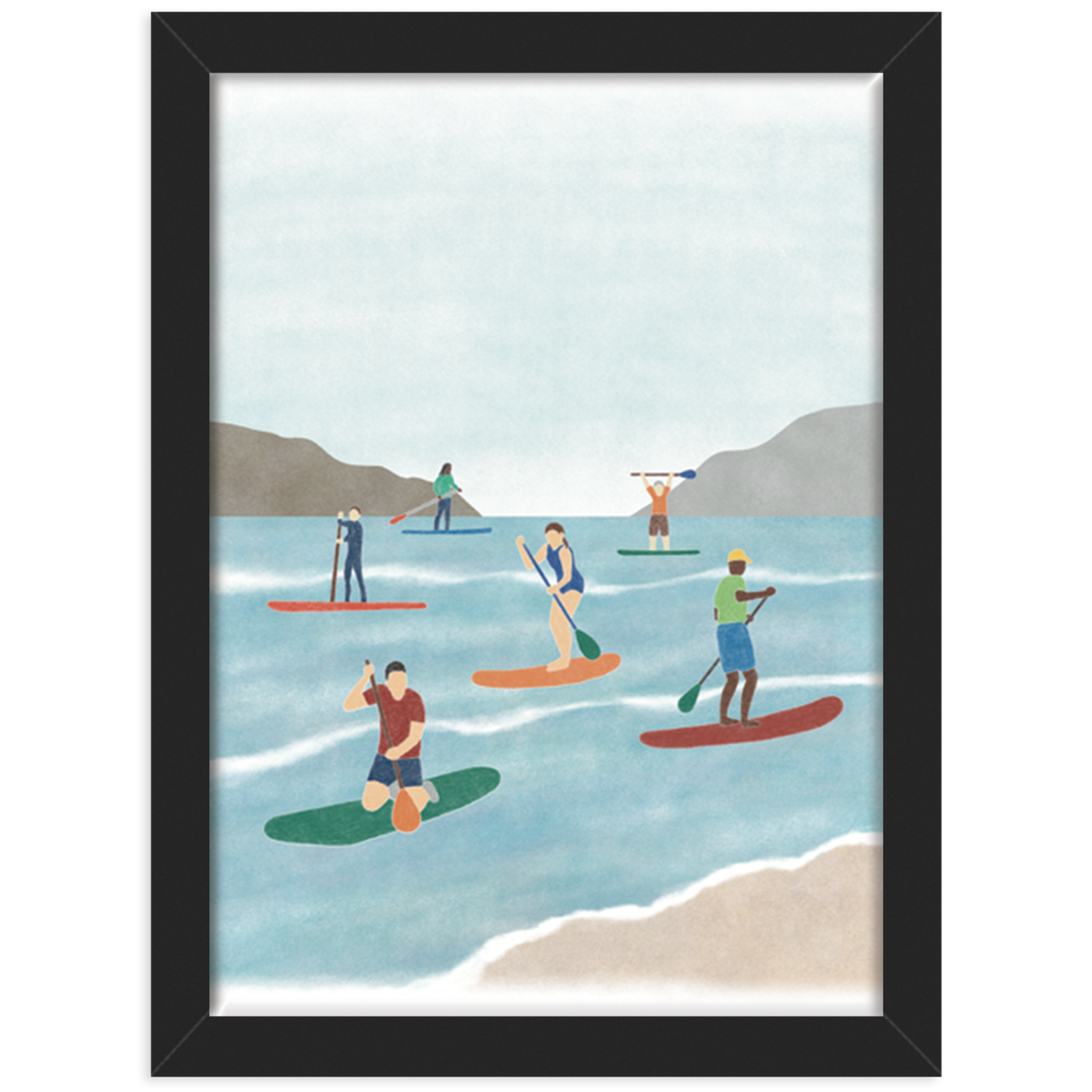 Paddleboarding print in a black frame against a white background 