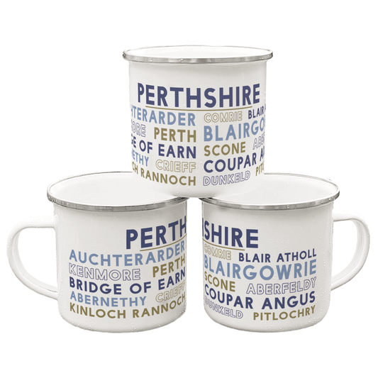 Three stacked white enamel mugs with silver rims, on a white background. Each mug features the word "Perthshire" in purple, and the names of various towns and cities in Perthshire underneath
