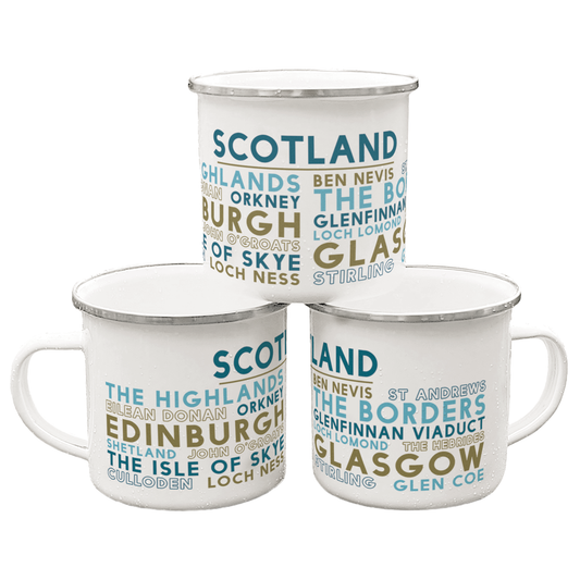 Three stacked white enamel mugs with silver rims, on a white background. Each mug features the word "Scotland" in blue, with the names of famous towns and landmarks in Scotland underneath