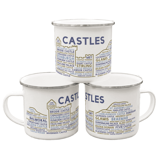 Three stacked white enamel mugs with silver rims, on a white background. Each mug features the word "castles" in purple, with the names of various Scottish castles underneath it.