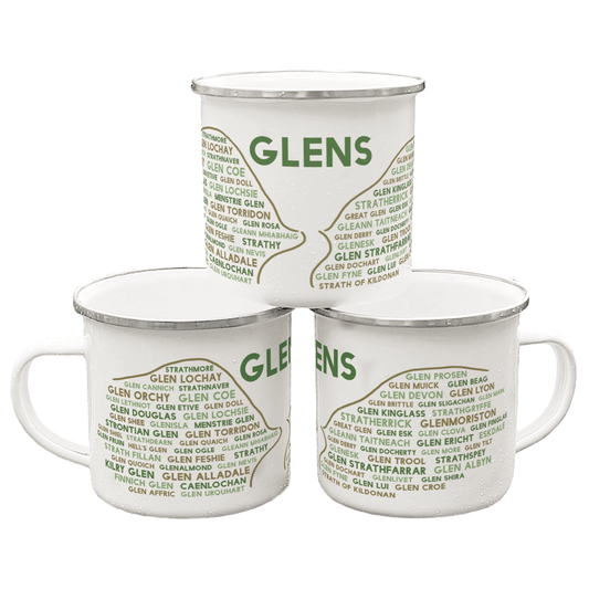 Three stacked white enamel mugs with silver rims, on a white background. Each mug features the word "glens" in green, with the names of various Scottish glens underneath it.