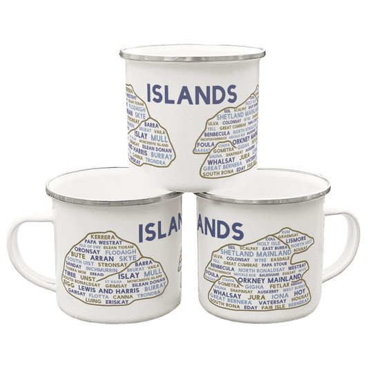 Three stacked white enamel mugs with silver rims, on a white background. Each mug features the word "islands" in purple, with the names of various Scottish islands underneath it.