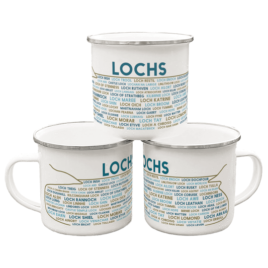 Three stacked white enamel mugs with silver rims, on a white background. Each mug features the word "lochs" in blue, with the names of various Scottish lochs underneath it.