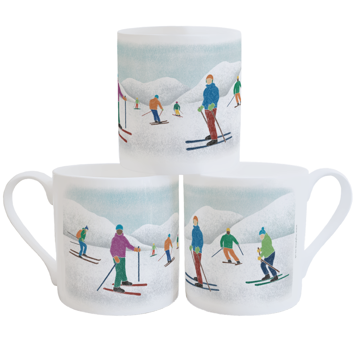 White fine bone china mugs with an illustration of colourful skiers in front of snow-covered mountains, stacked against a white background