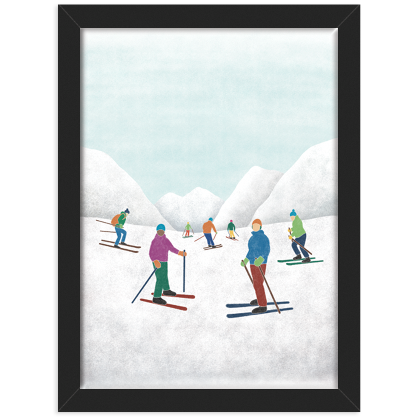 Print of an illustration of 7 skiers in some snowy mountains, in a black frame against a white background