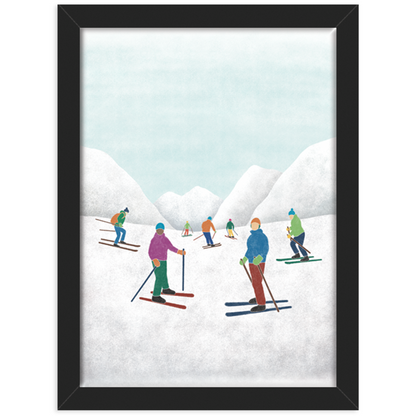 Print of an illustration of 7 skiers in some snowy mountains, in a black frame against a white background