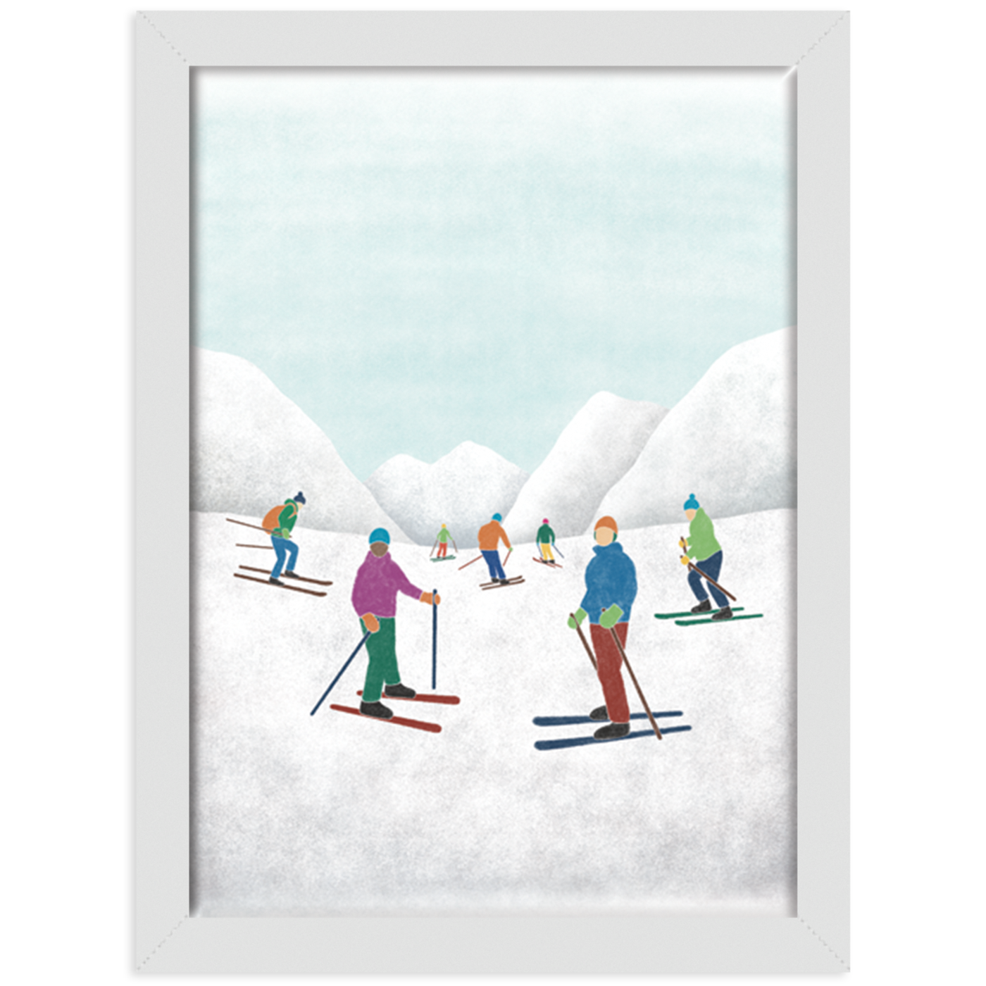 Print of an illustration of 7 skiers in some snowy mountains, in a white frame against a white background