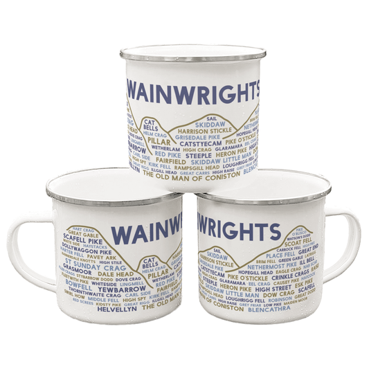 Three stacked white enamel mugs with silver rims, on a white background. Each mug features the word "Wainwrights" in purple, with the names of various Lake District fells underneath it.