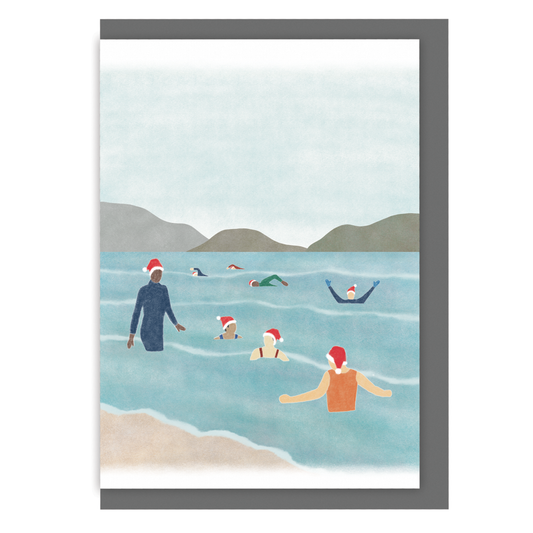 Wild swimming Christmas card with an illustration of a group of cold water swimmers wearing Santa hats, on a white background