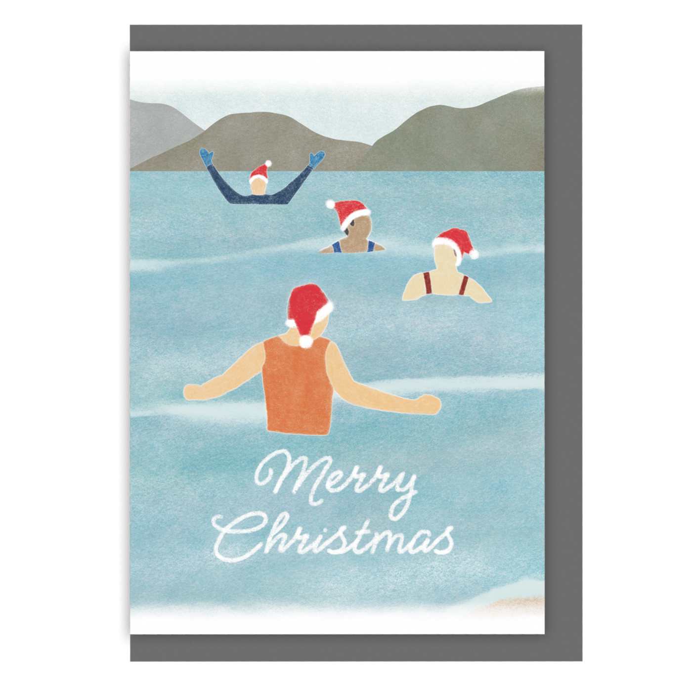 Wild swimming Christmas card with four festive swimmers and the text "Merry Christmas", on a white background