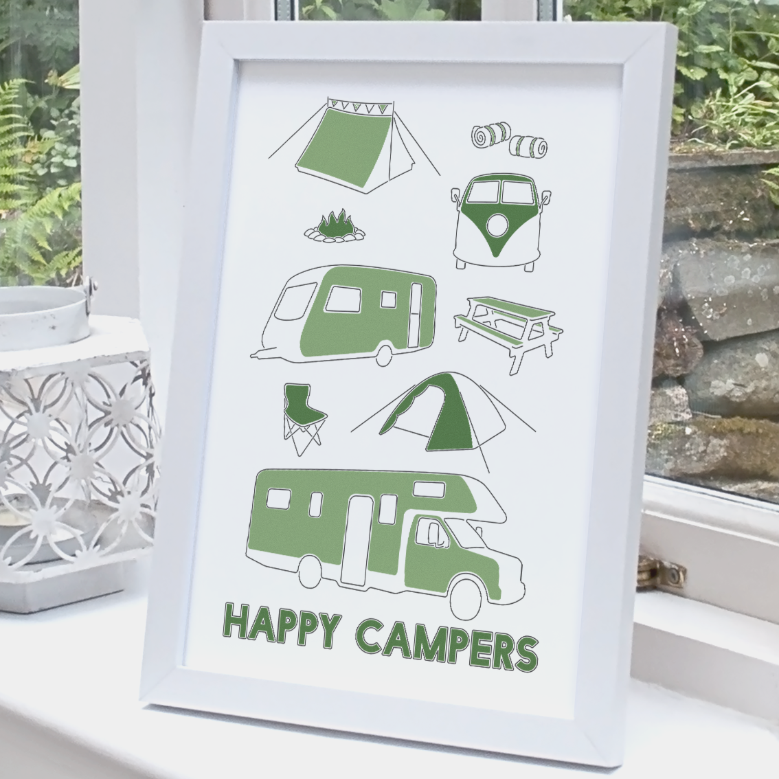Camping print white frame standing
