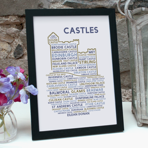 Scottish castles print in a black frame freestanding