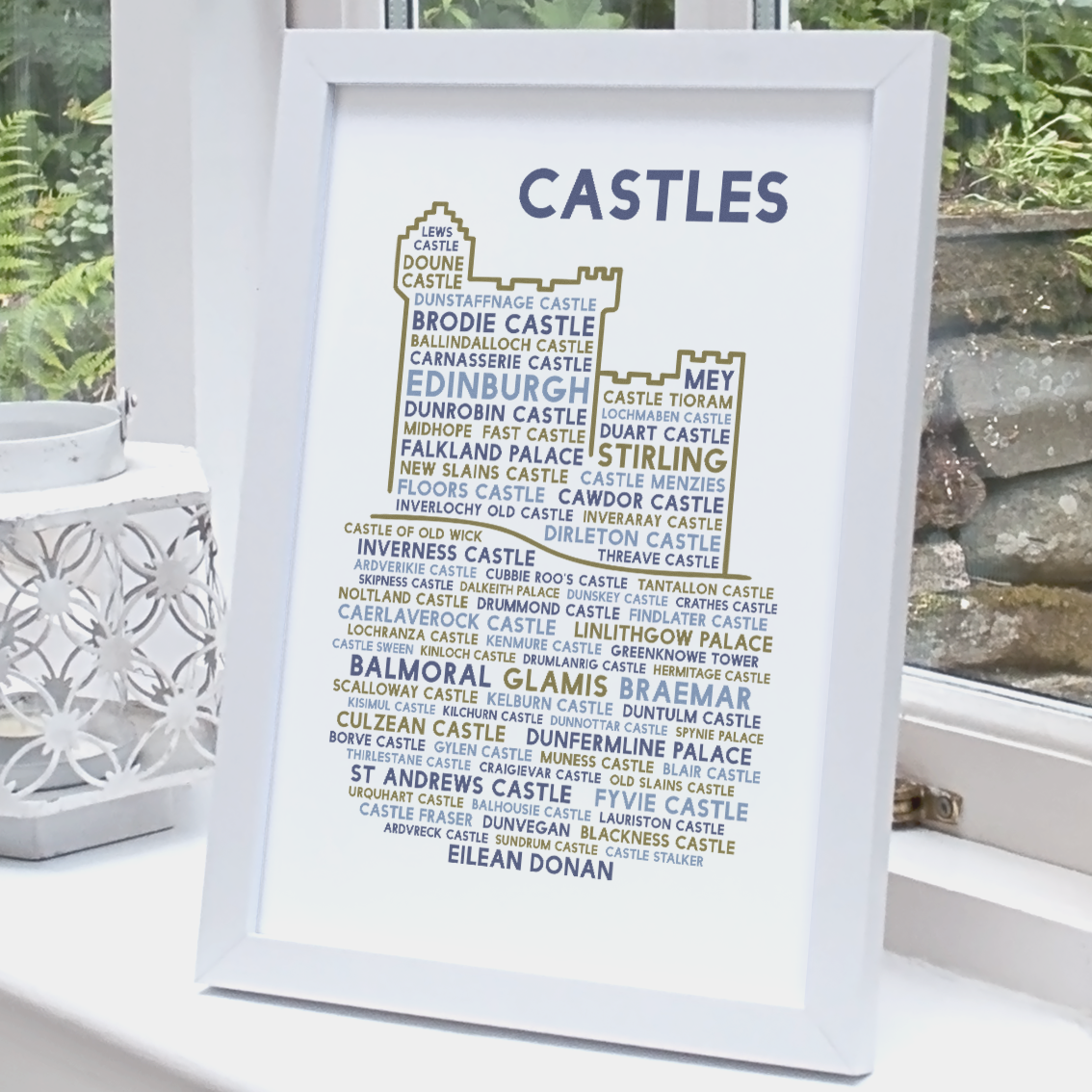 Scottish castles print white frame freestanding