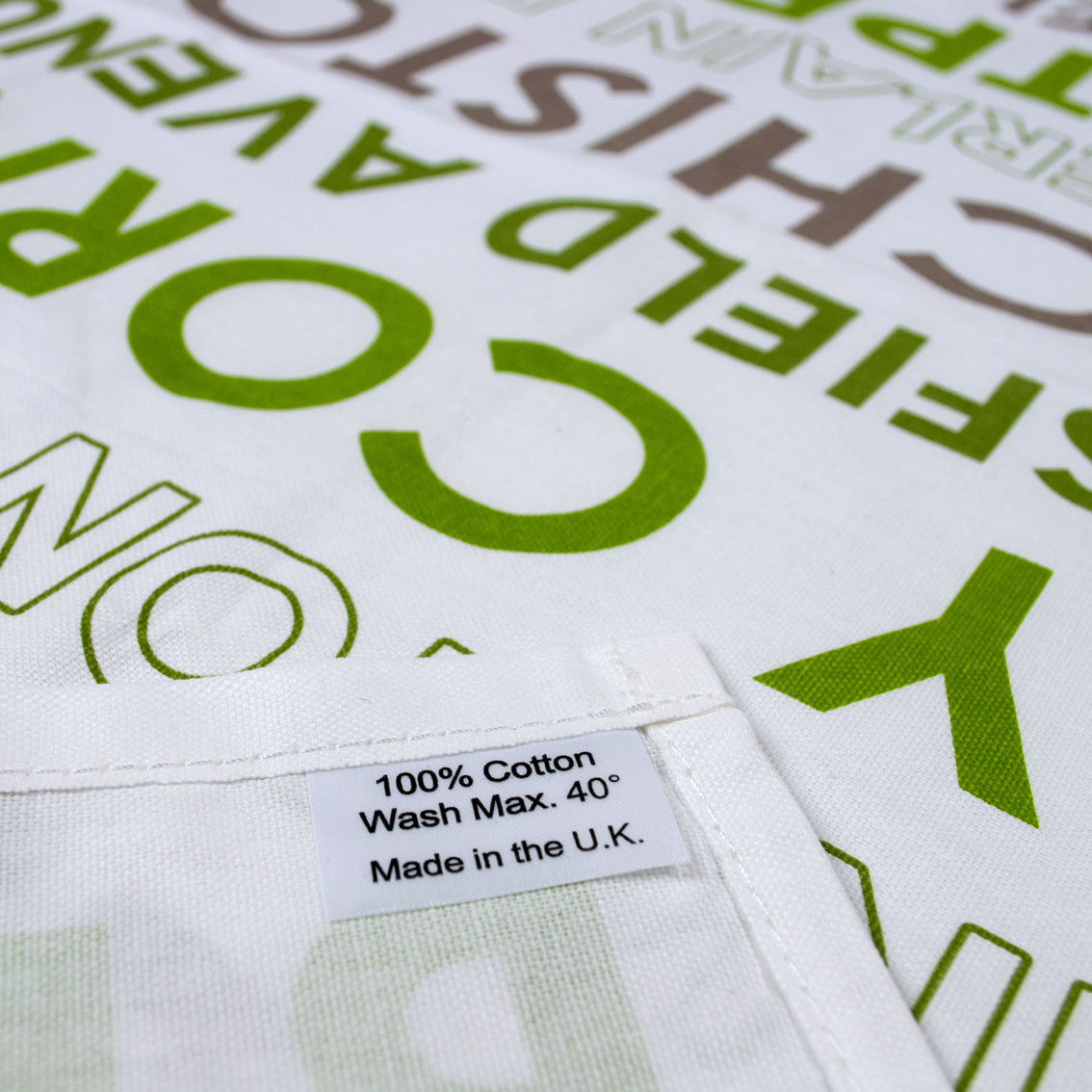 Close up image of Bruntsfield tea towel care label