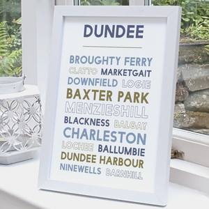 Dundee print freestanding in a white A4 frame