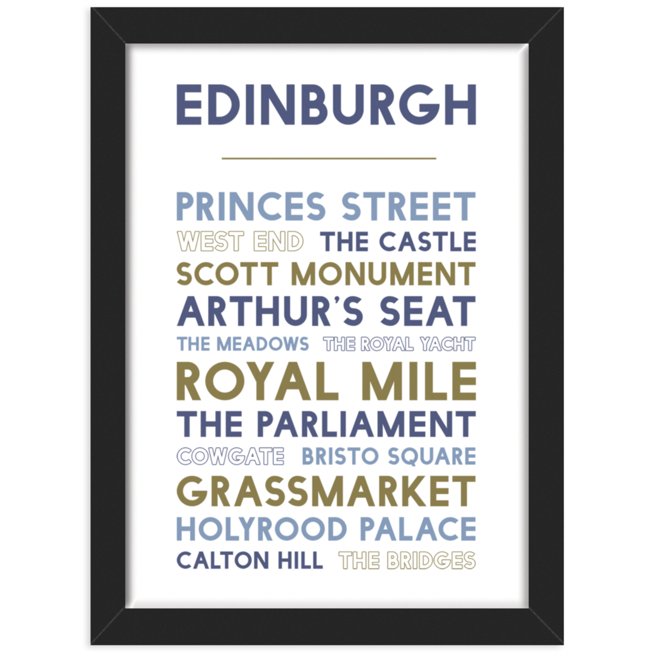 Edinburgh Attractions print in black frame
