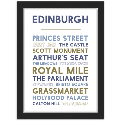 Edinburgh Attractions print in black frame