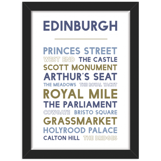 Edinburgh Attractions print in black frame