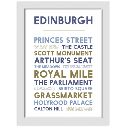Edinburgh Attractions print in white frame