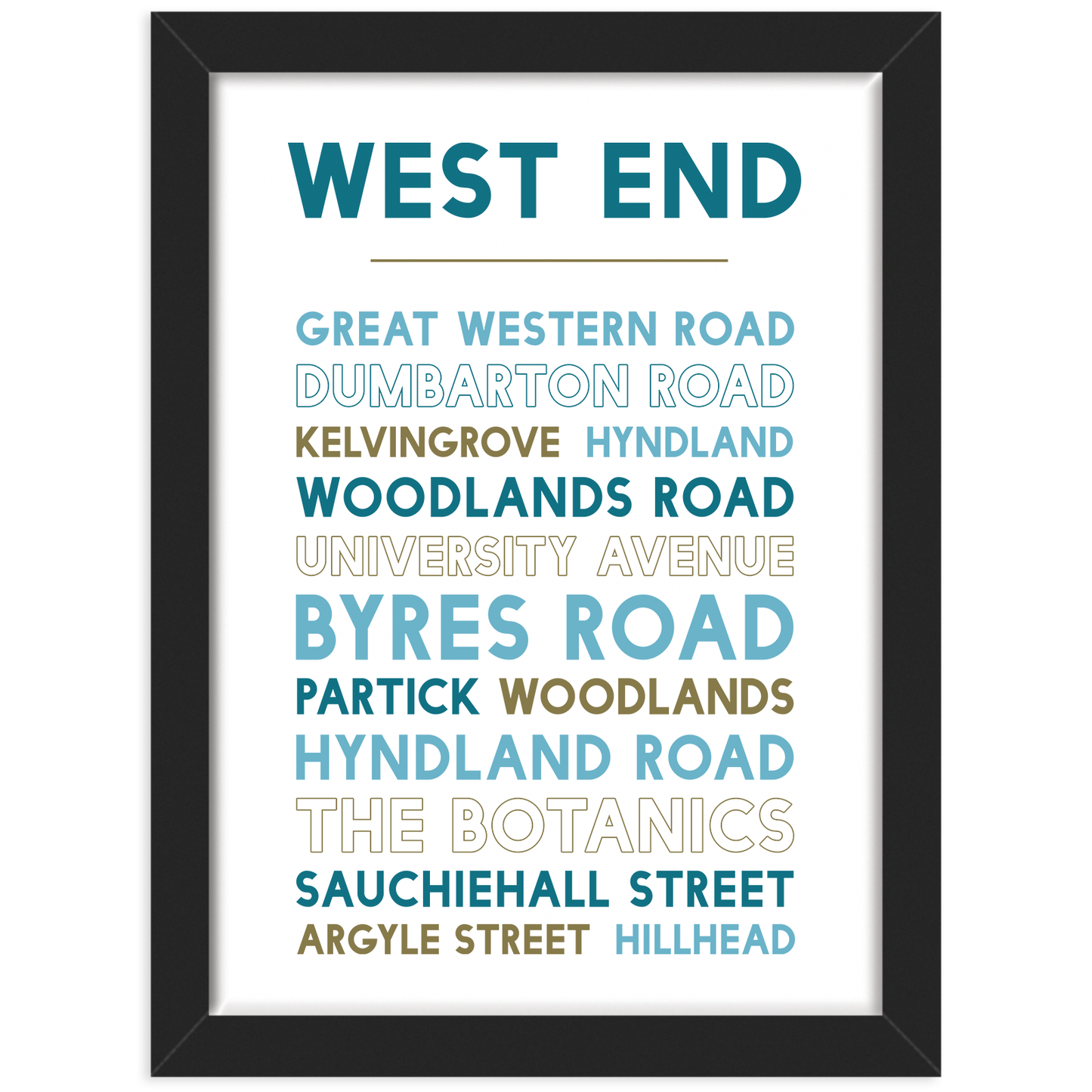 West end of Glasgow print black frame