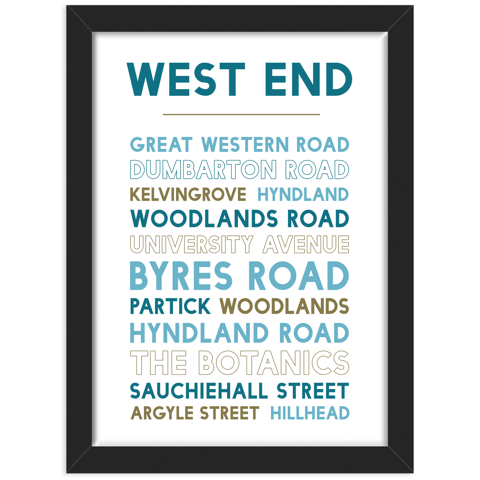 West end of Glasgow print black frame