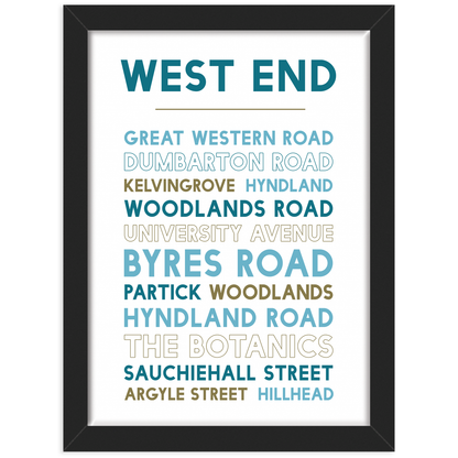 West end of Glasgow print black frame