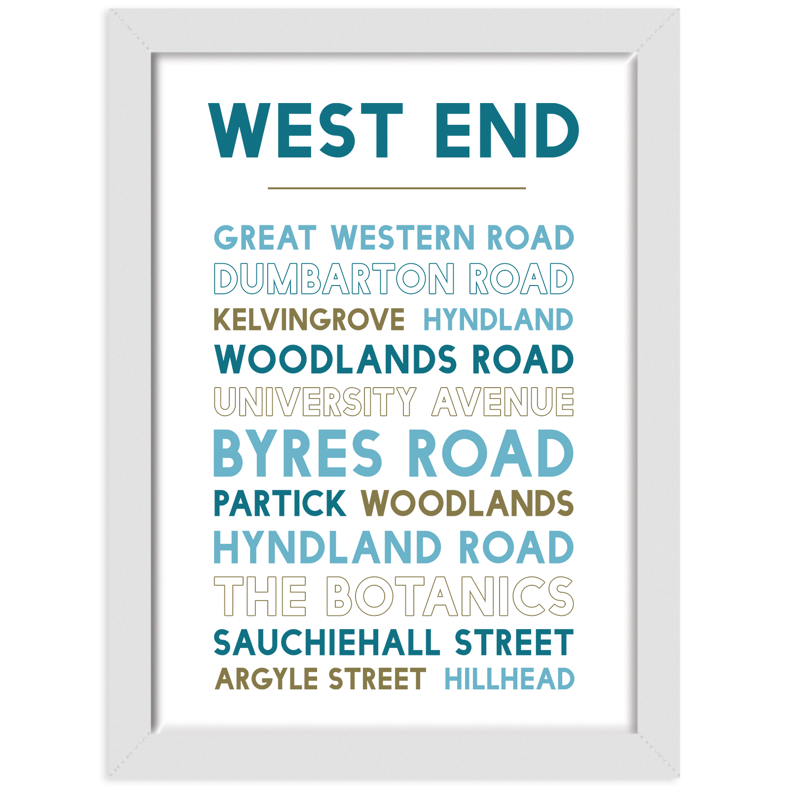 Glasgow west end print white frame