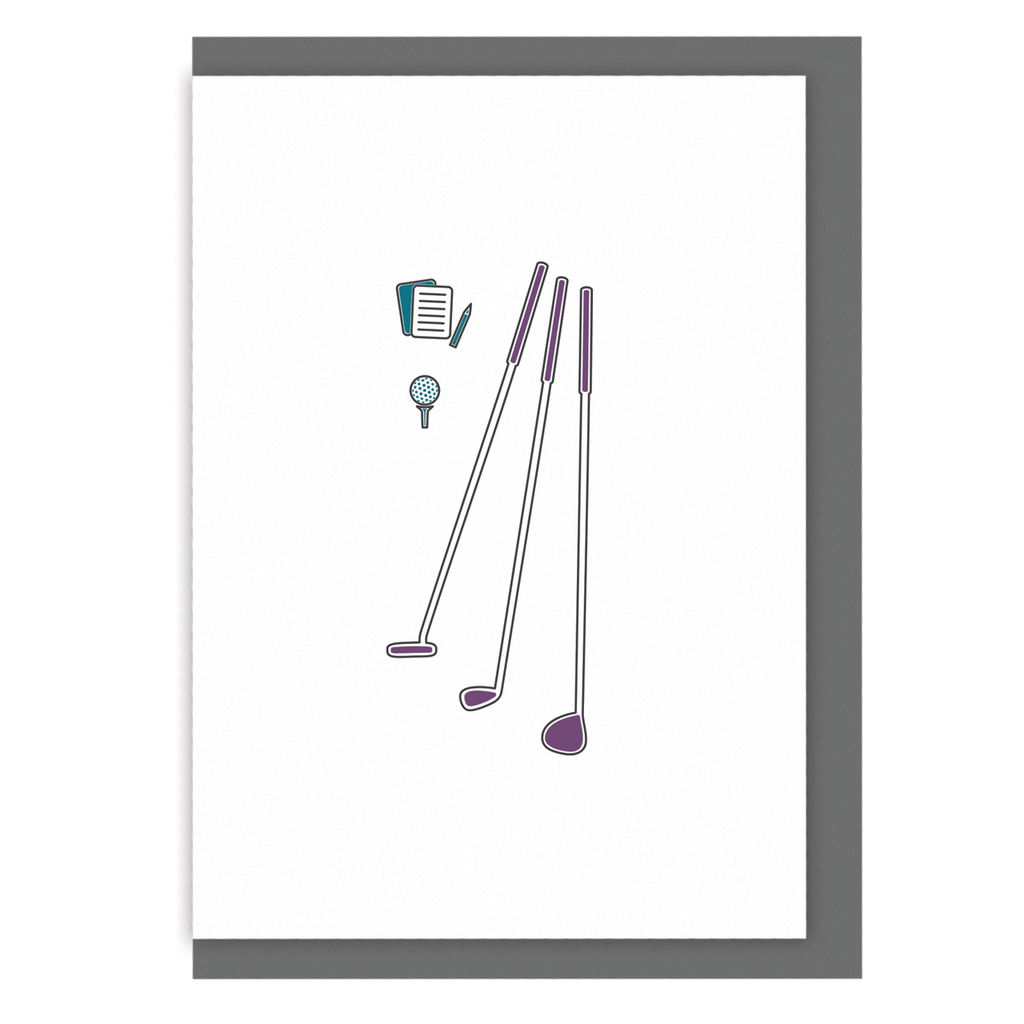 Golf greetings card with golf clubs, a scorecard, and a ball on a tee