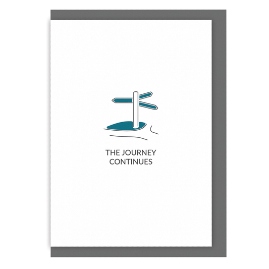 Hiking greetings card with signpost the journey continues